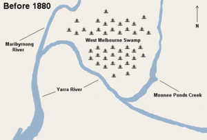 Lower Yarra River and West Melbourne Swamp before its drainage. Before 1880.PNG