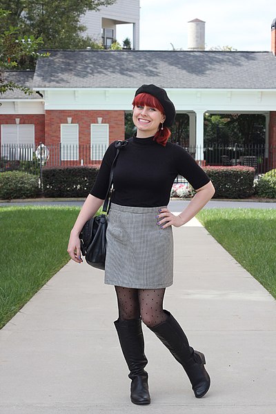 File:Black Beret, Black Turtleneck Top, Houndstooth Mini Skirt, Dotted Tights, and Knee High Boots (23062108441).jpg