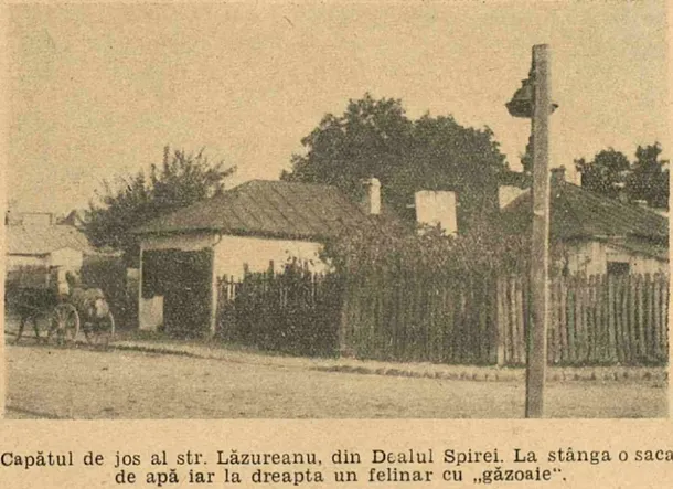 File:Bottom of the lower part of the Strada Lăzureanu in the Dealul Spirei area. On the left is a man carrying water, and on the right a street light with gas.webp