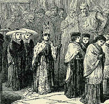 19th-century depiction of a medieval boy bishop, attended by his canons Boy bishop.jpg