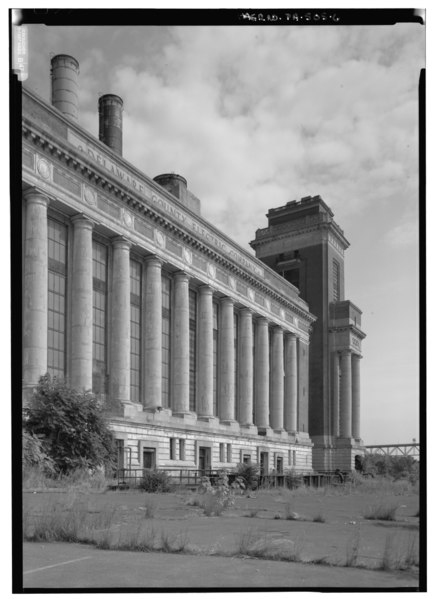 File:CLOSER VIEW OF THE SOUTH ELEVATION (BOILER HOUSE EXTERIOR) AND COAL TOWER No. 2 - Delaware County Electric Company, Chester Station, Delaware River at South end of Ward Street, HAER PA,23-CHES,2-6.tif