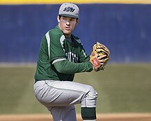 A Knights baseball player during a game in 2015, two years before the school's 2017 color change CNU Christopher Newport University Va. Southern Virginia University NCAA Baseball college sports (16324515743).jpg