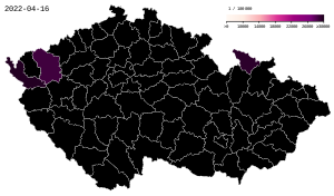 Mapa počtu prípadov COVID-19 na 100 000 obyvateľov v Česku podľa okresov