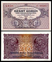 Billet de 10 couronnes tchécoslovaques de la première république (1927).