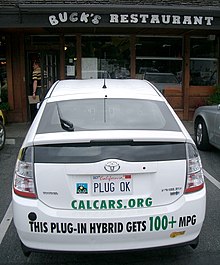 Toyota Prius plug-in hybrid converted by CalCars with a fuel economy of over 100 miles per gallon CalCars Plug in 100+ June 2006.jpg