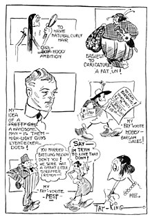 "Cartoonist's Confessional", a 1918 autobio strip by Fay King. Second-to-last cartoon refers to her widely-covered 1916 divorce from boxer Oscar "Battling" Nelson. Cartoonist's Confessional - Fay King, 1918.jpg