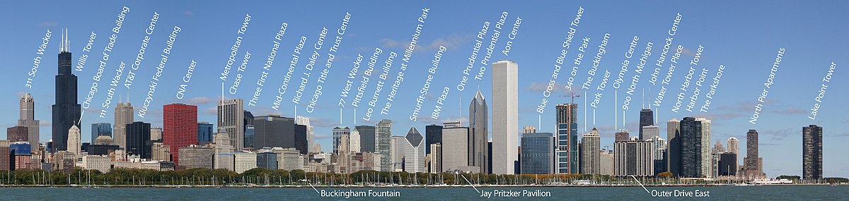 De skyline van Chicago, waarbij het Chicago Board of Trade Building de derde wolkenkrabber van links is.