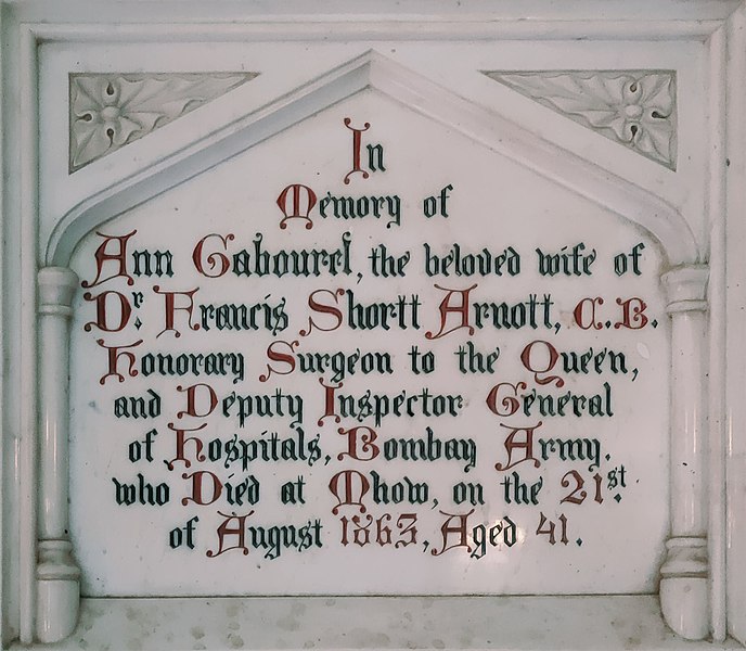 File:Christ Church Mhow Plaque Ann Wife of Dr Francis Shortt Arnott DIG Hospitals.jpg