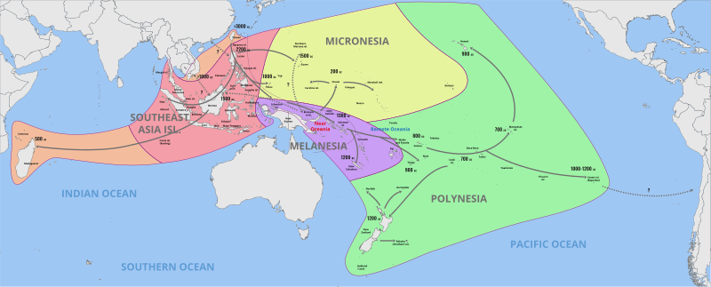 Map showing the migration and expansion of the Austronesians (5,500 to 800 BP), which roughly corresponds to the prehistoric distribution of betel chewing