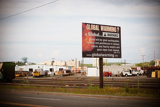 Climate change denial sign in Sudbury, Canada (2016)