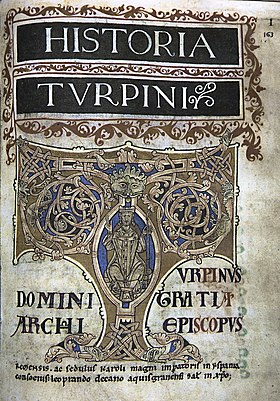 Turpin Chronicle'ın kapağındaki Turpin (Codex Calixtinus, yaklaşık 1150).