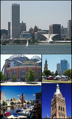 Do topo, da esquerda para a direita: Panorama de Milwaukee, Miller Park, Catedral de São João, o Evangelista, Rio Milwaukee e Prefeitura de Milwaukee