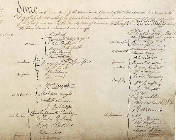 The signatures in the closing endorsement section of the United States Constitution