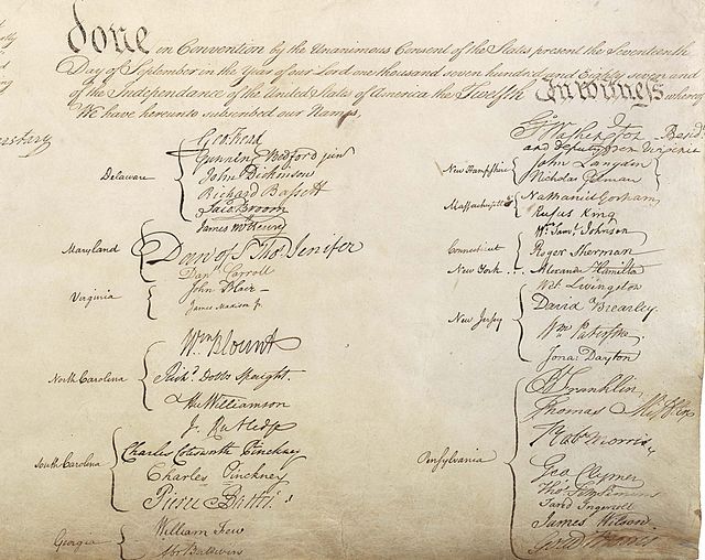 The signatures in the closing endorsement section of the United States Constitution