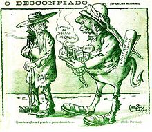 Caricature by Celso Herminio showing the Scottish mining engineer Robert Williams, a contract in his pocket, giving Portugal a railway line in Lobito. Contrato Williams.JPG