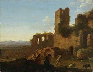 Landscape with figures and ruins