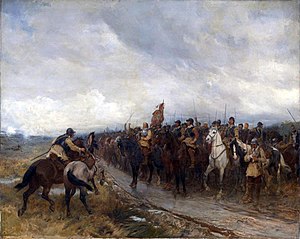 Uma pintura a óleo representando Oliver Cromwell à frente de um grupo de cavalaria inglesa no campo de batalha de Dunbar