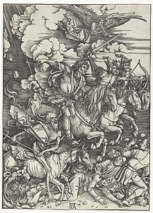 Schwarzweißer Holzschnitt von vier Reitern, die eine Gruppe unter sich angreifen. In den Wolken schwebt ein Engel. Am unteren Bildrand stehen die Initialen AD.