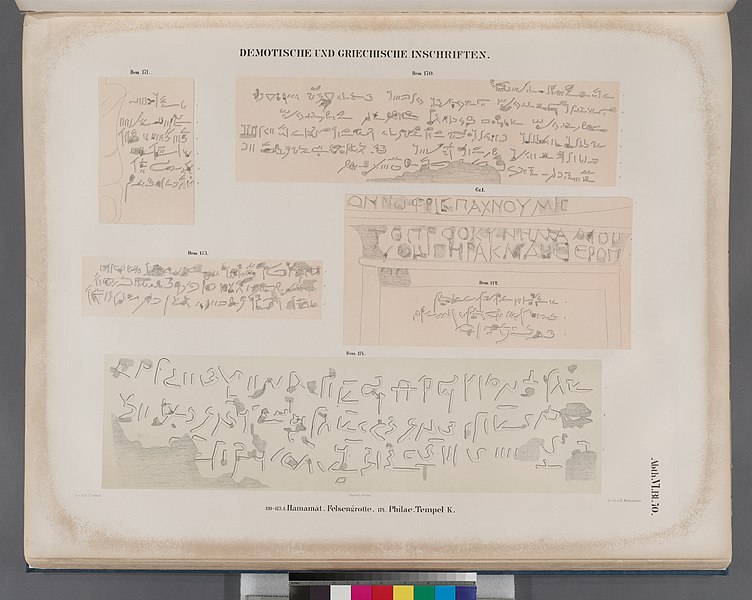 File:Demotische und Griechische Inschriften. Dem. 170-173; Gr. 1- Hamamât (Wadi Hammamat), Felsengrotte; Dem.174- Philae. Tempel K (NYPL b14291191-44299).jpg