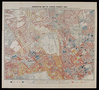 The lower right box of Booth's poverty map, 1889 shows the dotted lines of the parish containing a greater than average proportion of blue, poor streets relative to other areas of the broad West End of London Descriptive map of London poverty, 1889 Wellcome L0074436.jpg