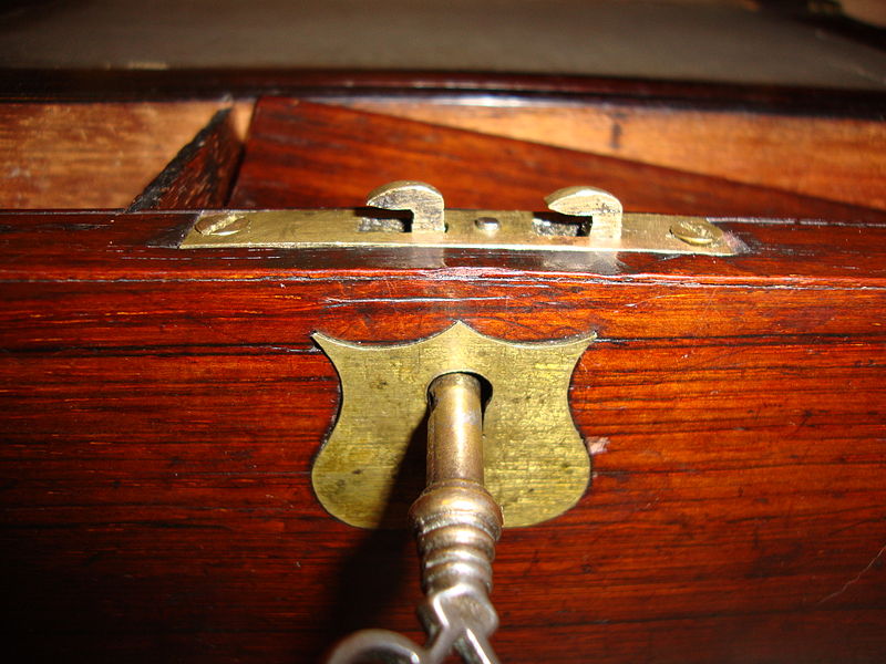 File:Detail of lock on antique wooden lap desk.JPG