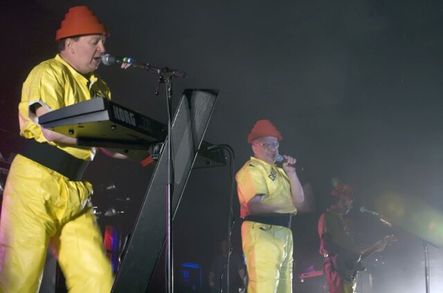 Devo performing live at Festival Hall, in Melbourne, Australia, 2008: Casale and Mothersbaugh.