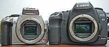 An APS-C format SLR (left) and a full-frame DSLR (right) show the difference in the size of the image sensors. Dslr sensor comparison.jpg