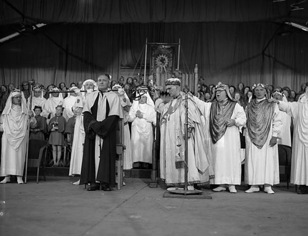 The chairing ceremony of the 1958 National Eisteddfod; the victorious poet was T. Llew Jones