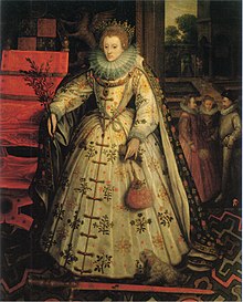 Portrait of Queen Elizabeth I by Marcus Gheeraerts the Elder, painted between 1580 and 1585, and showing her with an olive branch in her right hand and standing on the sword of Justice. Elizabeth I of England Marcus Gheeraerts the Elder.jpg