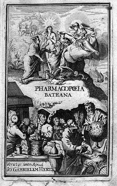 File:Engraved frontispiece, Pharmacopoeia Bateana. Wellcome L0006228.jpg