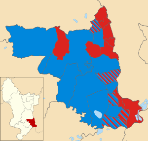 Map of the results of the 2011 Erewash Borough Council election. Conservatives in blue and Labour in red. Erewash UK local election 2011 map.svg