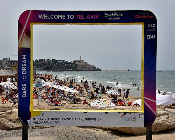 The graphic design of the 2019 contest on display in Tel Aviv