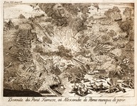 Pontonbrug van Alexander Farnese opgeblazen tijdens beleg van Antwerpen, 1585, Strada: Histoire de la guerre des Païs Bas, 1727.
