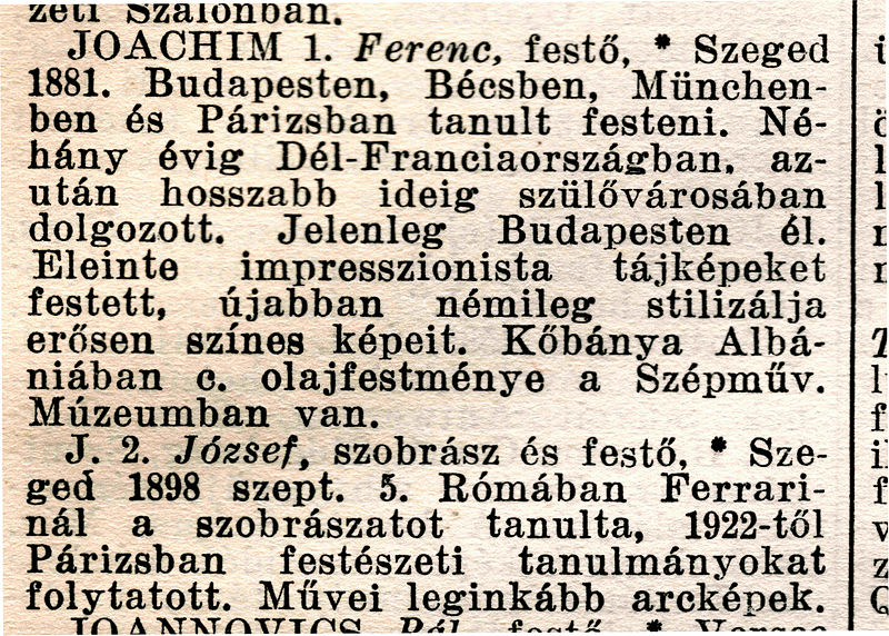 File:Ferenc JOACHIM (1882-1964), Hungarian (Magyar) artist painter and his brother Jozsef JOACHIM (1897-1954) Hungarian (Magyar) artist sculptor brief biographies in 1935..jpg