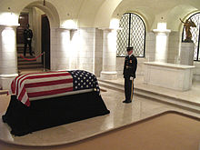 Frank Buckles, the last surviving American veteran of World War I, lies in state in 2011 in the chapel beneath the amphitheater. Frank Buckles lying in state - Memorial Amphitheater Chapel - Arlington National Cemetery - 2011.jpg