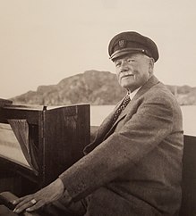 Fredrik Ljungström the yacht designer in Life magazine (1951), onboard Vingen XII (the Wing XII), wearing his mariner cap from the Lysekil Yacht Club.