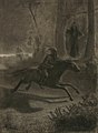 La Corriveau terrorisant un voyageur qui fuit à cheval, dessin d'Arthur Guindon, 1923[19]