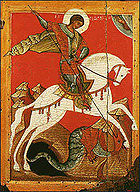 Icon of man in armour on white horse fighting black dragon to his left.