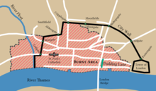 The Great Fire died as it reached Holborn's boundary Great Fire of London Map.png