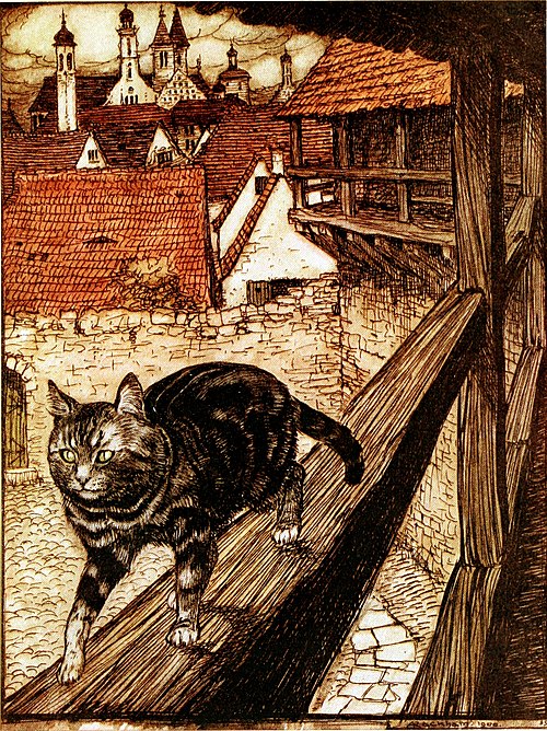 Illustration of the cat sneaking to the church