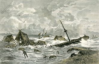 The Storm Flood on the Baltic Coast: The Holstein Village of Hafkrug on the Bay of Neutstadt During the Storm Flood. 1872 woodcut of a drawing by Karl Heynnach from a sketch by Karl Rettich. HISTORY NOW.jpg