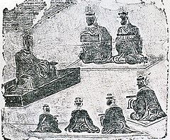 Scholars depicted on Han dynasty pictorial brick, discovered in Chengdu. Scholars wore hats called Jinxian Guan (进贤冠) to denominate educational status.[68]