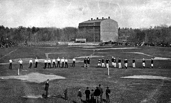 The McGill vs. Harvard football game in Cambridge, Massachusetts in 1874; Harvard won 3–0.