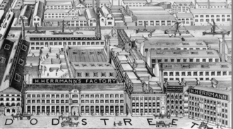 H Herrmann's furniture factory. Notice the electric travelling crane, highly innovative in 1888. Herrmann's Furniture Factory, Limehouse.png