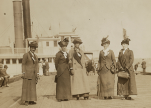 Anti-suffrage leaders, Mrs. George Phillips, Mrs. K.B. Lapham, Miss Burham, Mrs. Evertt P. Wheeler and Mrs. John A. Church at an anti-suffrage event on the Hudson River, May 30, 1913.