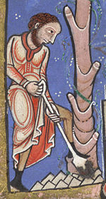 Detail from a medieval illustrated manuscript, showing a bearded peasant in long red robes digging with a spade; a stylised tree makes up the right hand side of the image.