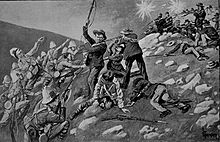 Lance Thackeray: Soldiers of the Royal Inniskilling Regiment (left) are storming Hart's Hill defended by Boer military (right) during the Battle of the Tugela Heights. Artist's impression. Inniskillings al colle di Hart.jpg