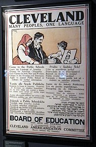 1917 multilingual poster in Yiddish, English, Italian, Hungarian, Slovene, and Polish, advertising English classes for new immigrants in Cleveland Inviting Immigrants to Cleveland Poster (6279784636).jpg