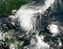 Hurricane Irma on September 10, just before landfall on Florida. Hurricane Jose can be seen to the right. Irma and Jose 2017-09-10 1515Z.jpg