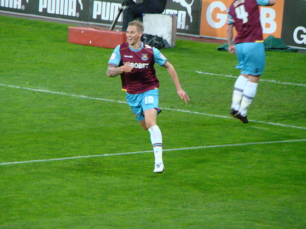 Collison celebrating scoring a goal in May 2012 in a 2–0 win over Cardiff City.